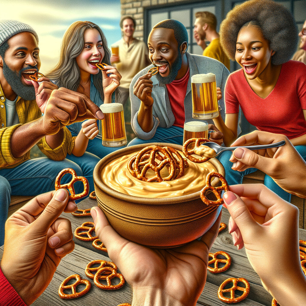 people eating beer cheese dip mix in a small bowl with pretzels