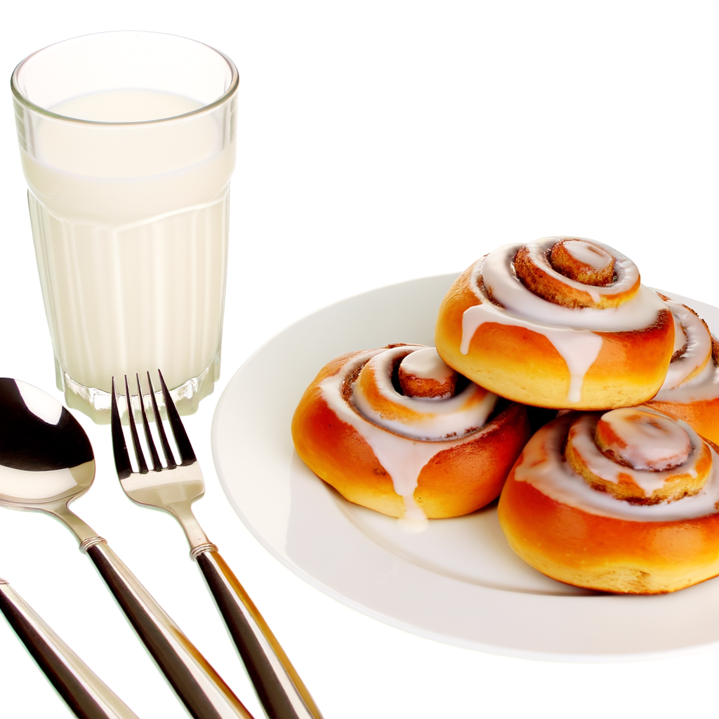 cinnamon buns with icing on a white plate with utensils and a glass of milk