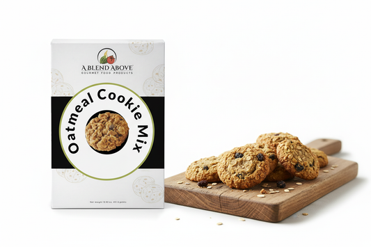 Oatmeal Cookie Mix box positioned next to cutting board